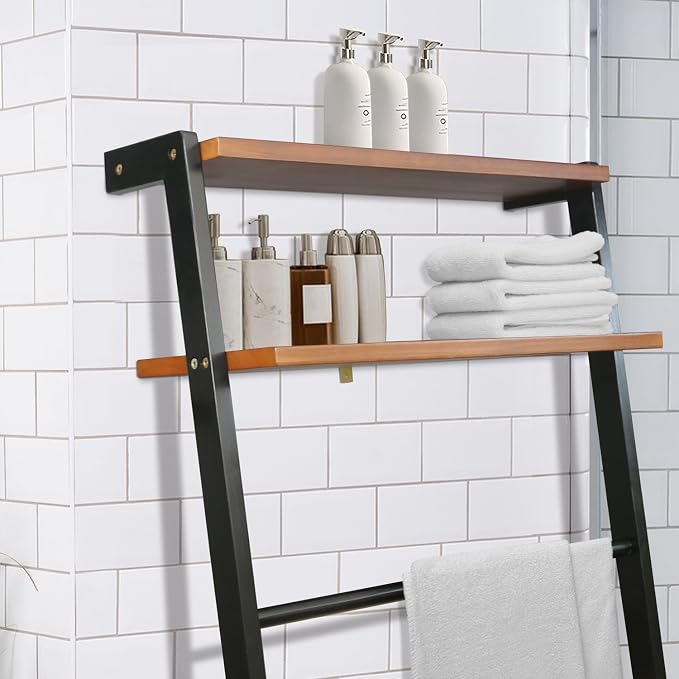 Space Saving 100% Solid Wood 6-Tier Blanket Ladder with Two Storage Shelves - Black/Sweet Oak