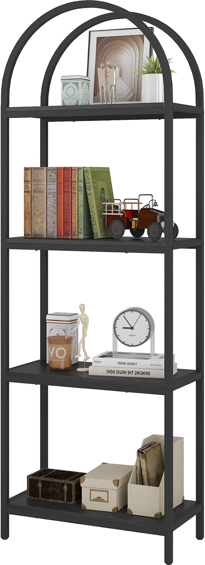 Yusong Bookshelf 4 Tier Arched Bookcase, 71.3" Tall Industrial Open Book Shelves for Living Room, Modern Freestanding Display Shelving Unit Storage Rack with Metal Frame, Office, Bedroom, Black