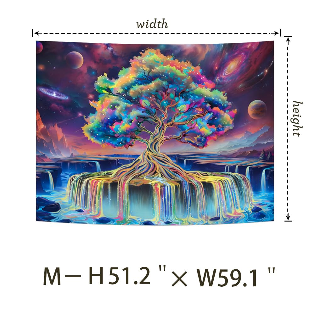 Obsecolors Blacklight Tree of Life Tapestry UV Reactive Waterfall Tapestry Galaxy Space Aesthetic Tree Wall Tapestries Colorful Starry Sky Tapestries Wall Hanging for Bedroom