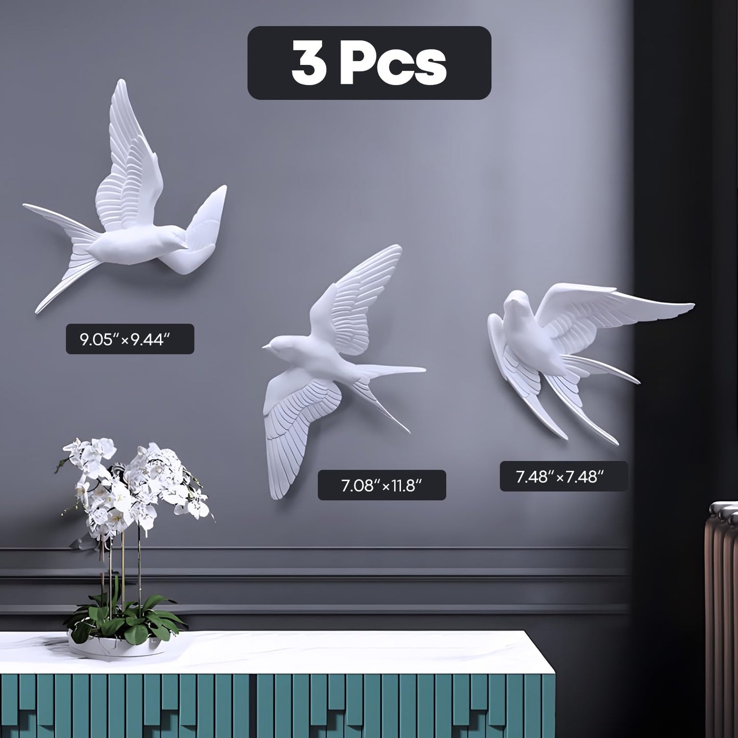 3 Pcs Swallows Bird Wall Sculpture, 3D White Birds Sparrows Swallows Decor, Outdoor/Indoor Peace Peace Dove Bird Figurines for Home, Garden and Patio (White)