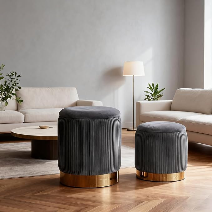 Round Ottoman with Storage Set of 2 Upholstered Velvet Vanity Stool Small Ottoman Coffee Table, Foot Stool, Removable Lid, for Living Room, Bedroom, Hallway, Easy Assembly (Gray)