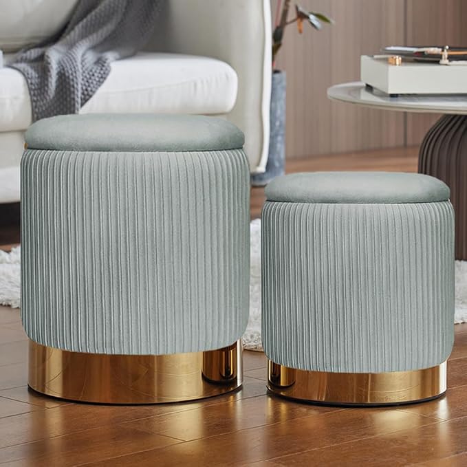 Round Ottoman with Storage Set of 2 Upholstered Velvet Vanity Stool Small Ottoman Coffee Table, Foot Stool, Removable Lid, for Living Room, Bedroom, Hallway, Assembly Free (Light Grey)