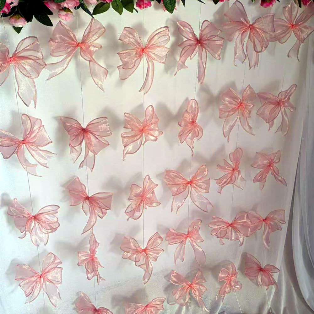 YMASELA Pink Bow Hanging Garlands (6.6ft X4strings) Sheer Chiffon Ribbon Bowknot Hanging Decorations Party Streamers for Wedding Bridal Shower, Girl Bow Theme Bachelorette Party Baby Shower Supplies