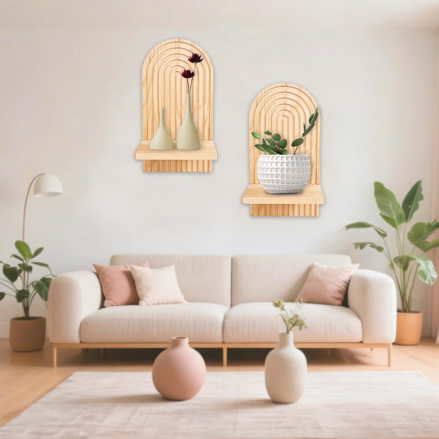 ZELURA 2 Pieces Boho Wall Shelf, Mid Century Shelves, Decorative Storage Unit, Decorative Bohemian Rainbow Hanging Shelves for Bathroom, Bedroom, Kitchen, Living Room, Laundry Room (Natural)