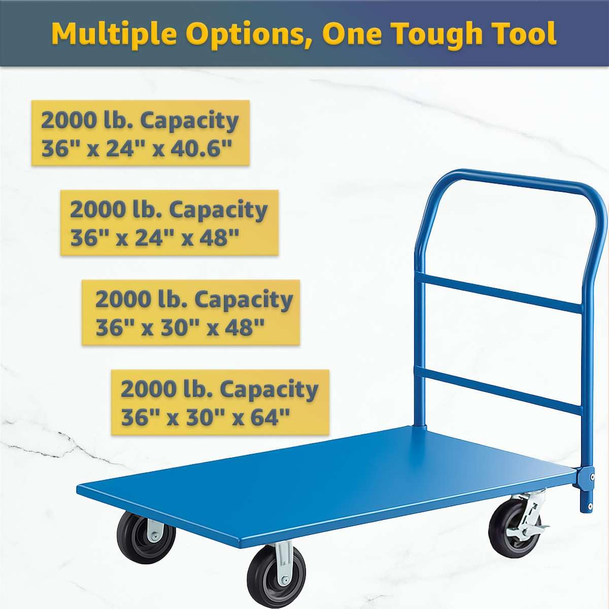 30" x 60" Steel Platform Truck - 2000 lb. Capacity with Removable Handle, Blue Utility Cart with Polyurethane Wheels and Brakes - Heavy-Duty Warehouse Dolly