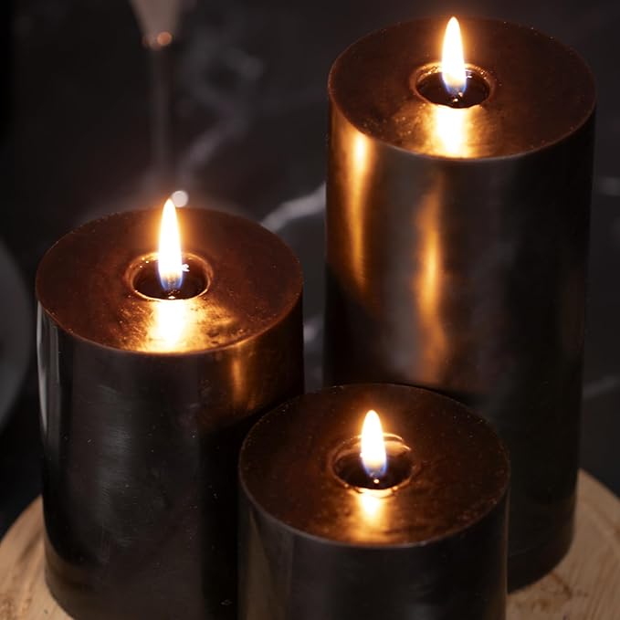 KONNI Black Pillar Candles Set of 3, 3"x 4" Unscented Pillar Candles Bulk, 39 Hours Long Burning Candles, Smokeless&Dripless Large Round Candle for Wedding, Home Decoration, Parties, Spas, Dinner