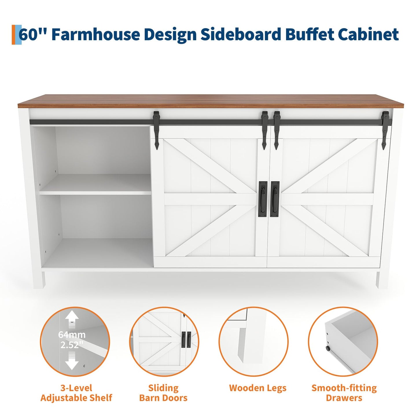 60" Farmhouse Sideboard Buffet Cabinet with Sliding Barn Doors & 4 Drawers, White Kitchen Cabinet with Storage for Dining Room, Coffee Bar, 31.5" Tall Wooden Sideboard TV Stand Console Table