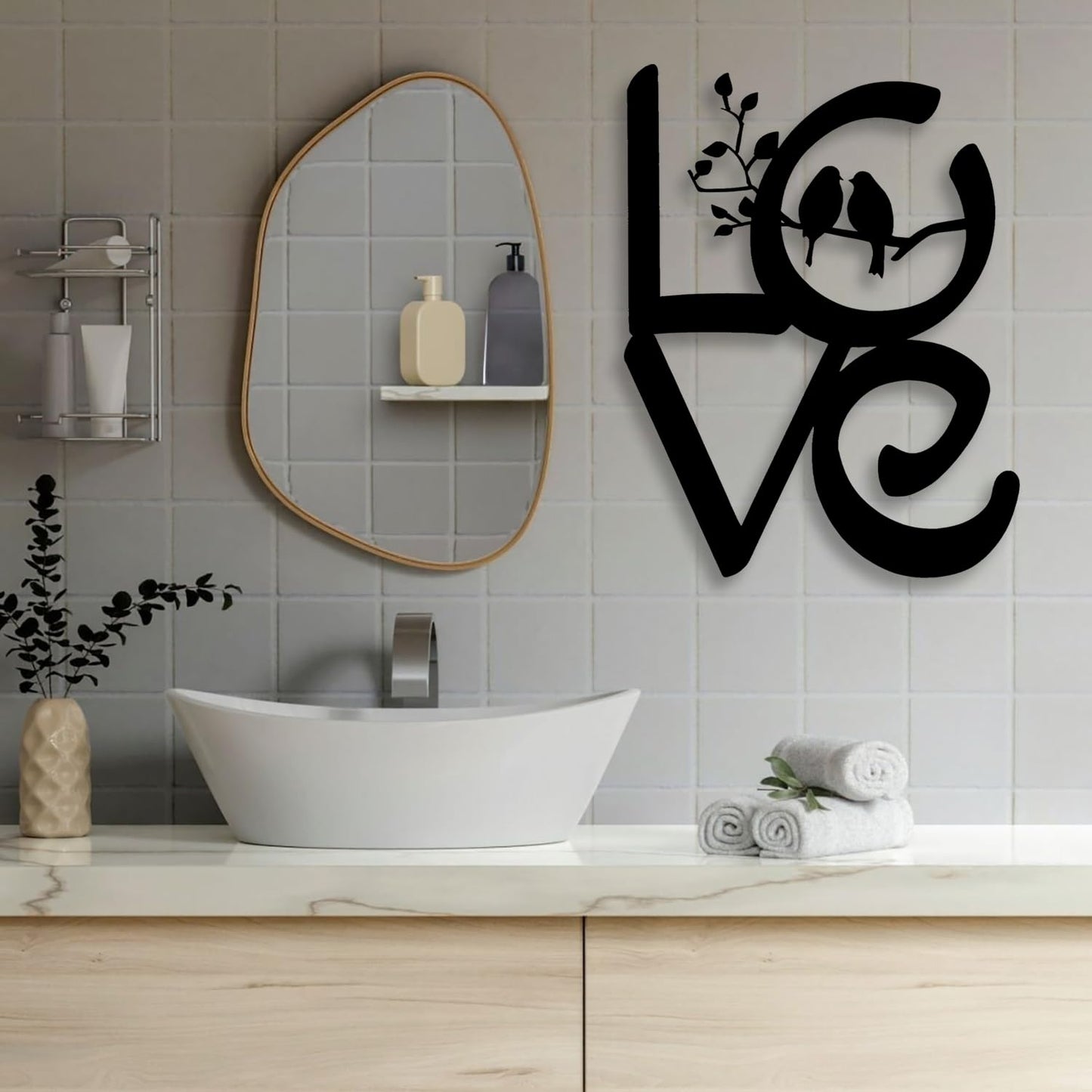 LIYOUYA LOVE Tree Couple Bird Metal Wall Decor - Love Art Room Decor Black Wall Art Home Decor for Living Room, Bathroom, Bedroom, Dining Room (Black)