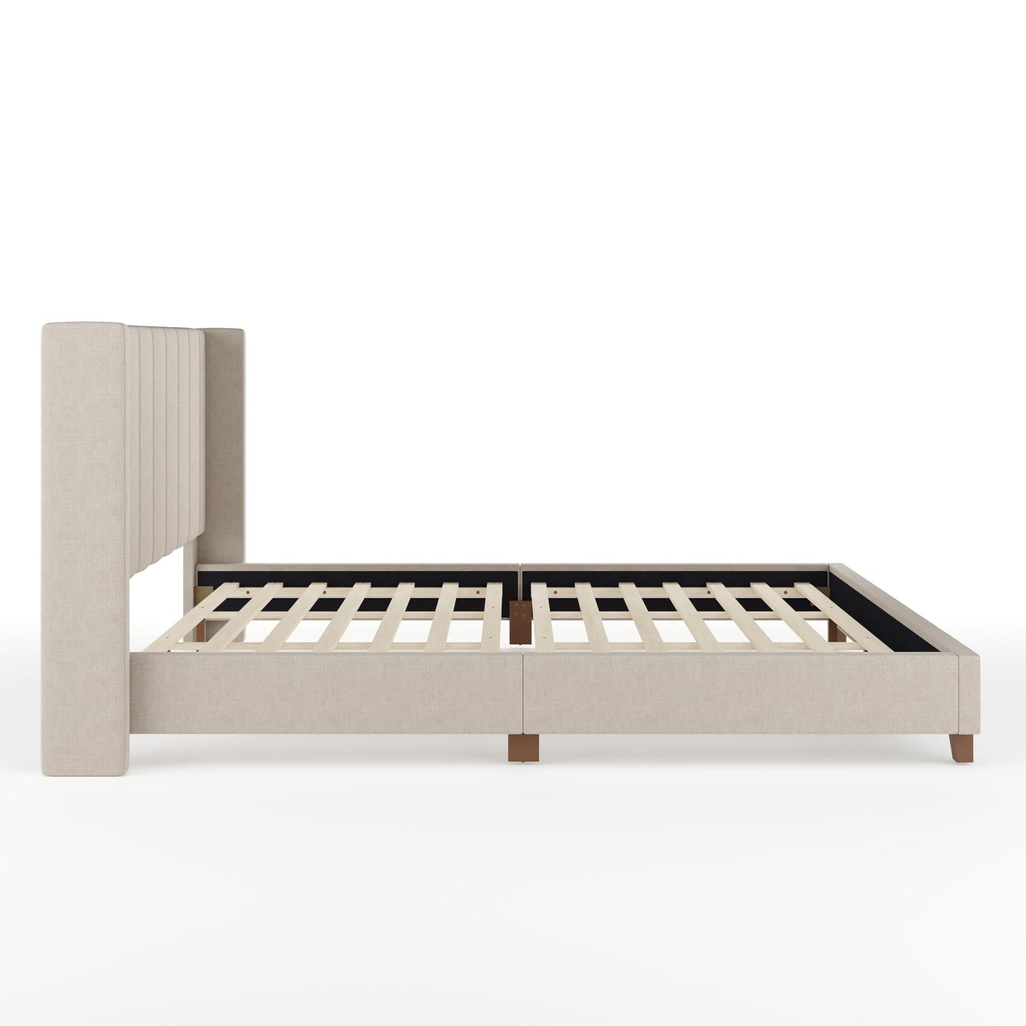 Martha Stewart Kay Low Profile Platform Bed with Wingback Headboard, Channel Stitched Faux Linen Upholstery, No Box Spring Needed, King, Beige