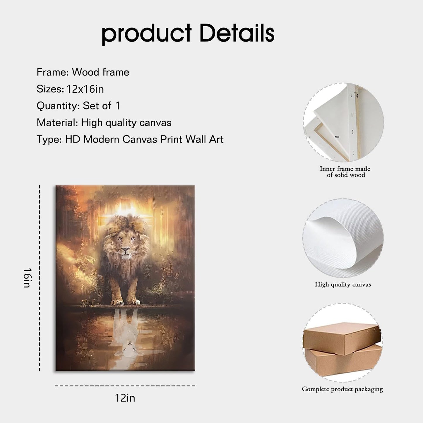 Framed Animal Print Majestic Lion Canvas Wall Art Spiritual Jungle Poster Inspirational Christian Painting Nature Wildlife Gallery Wrap Print for Home Decor 12x16 Inch Ready to Hang