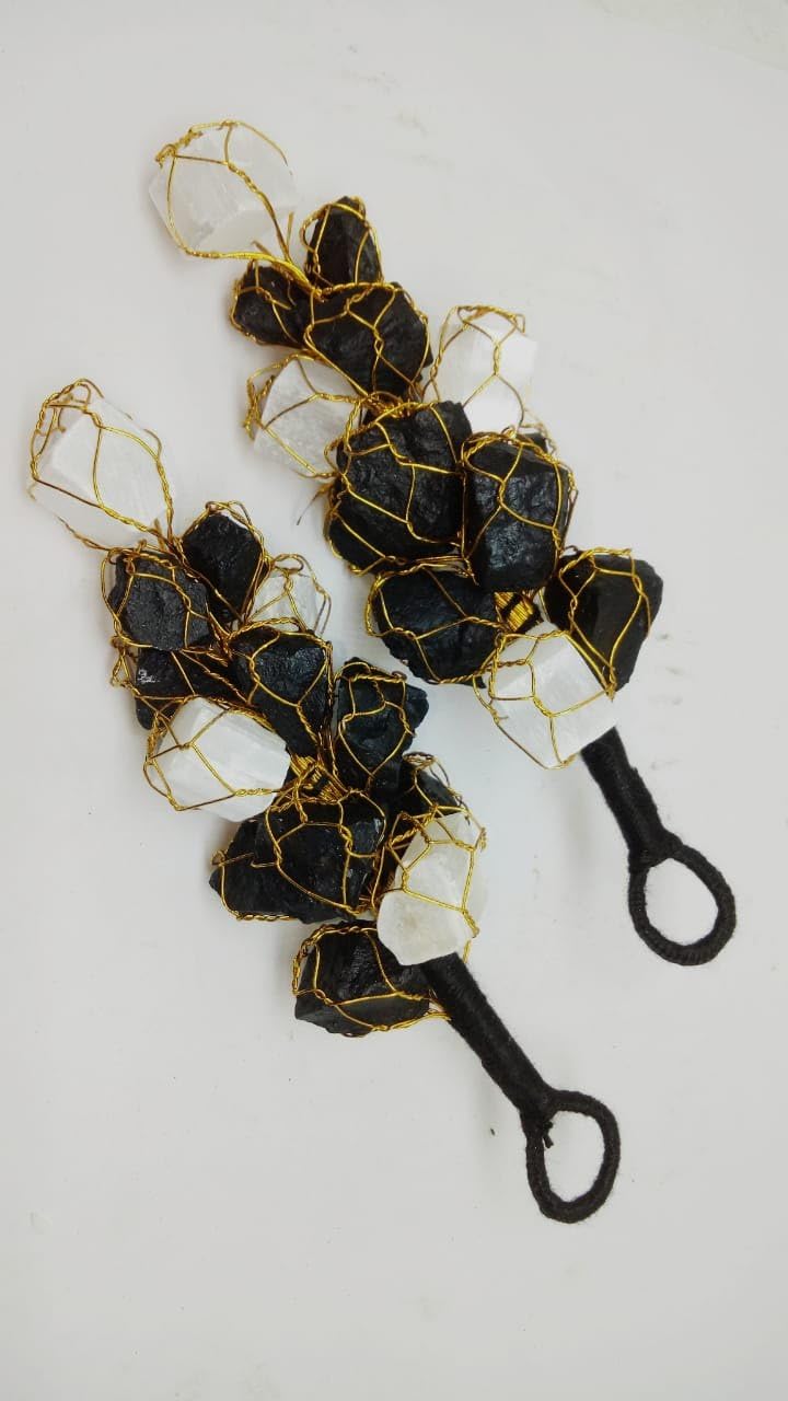 Sawcart Set of 2 Black Tourmaline & Selenite Hanging | Crystal Protection Wall Decor | Energy Cleansing Hanging Ornament | Handmade Wire Wrapped Healing Stones | Home, Door, Car Decor (14 cm Approx)