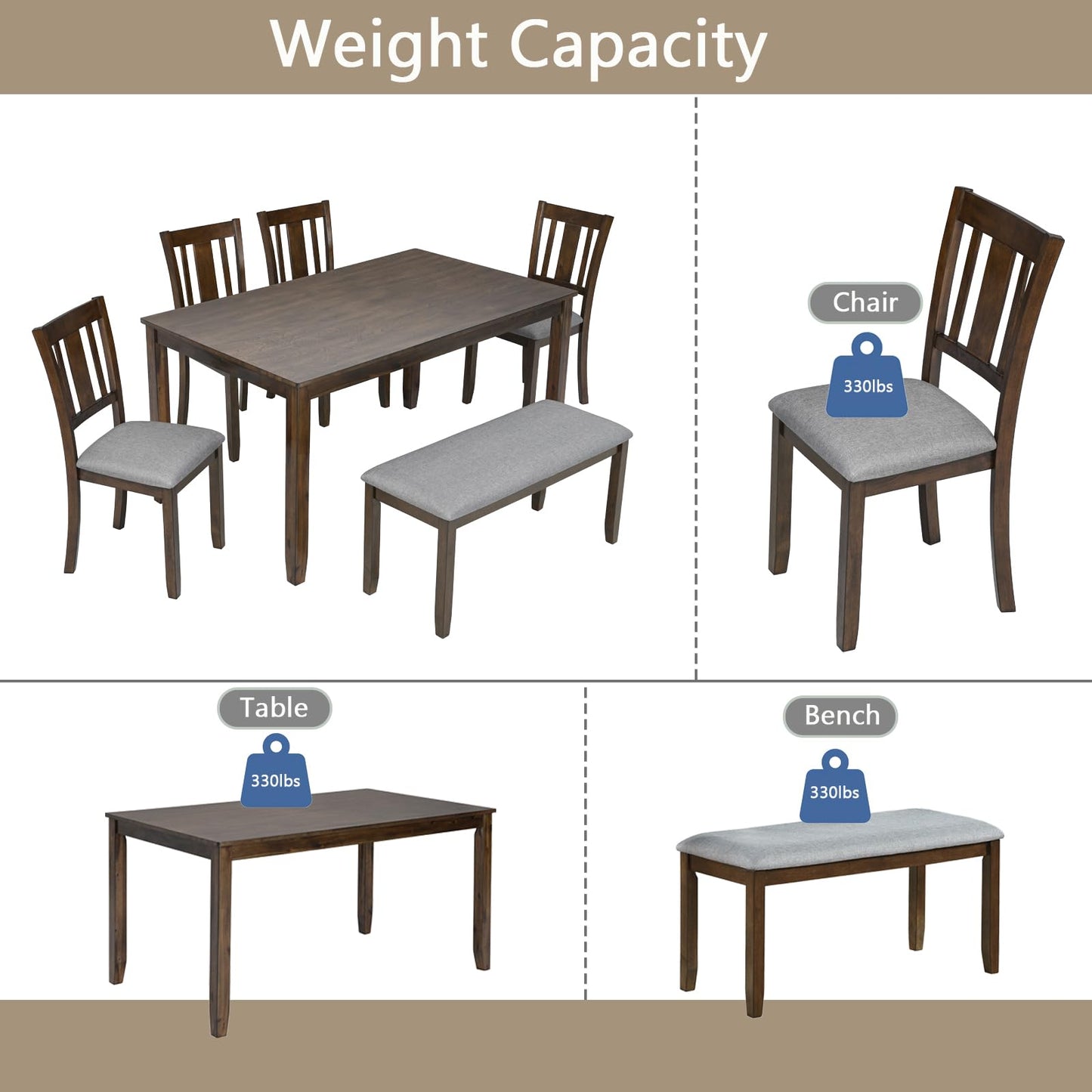 KEIKI 6-Piece Standard Height Dining Table Set with Rectangular Table, 4 Upholstered Slatted Backrset Chair, Bench, for 6 Person, Modern Table Set, Easy Assembly, for Kitchen, Dining Room, Walnut