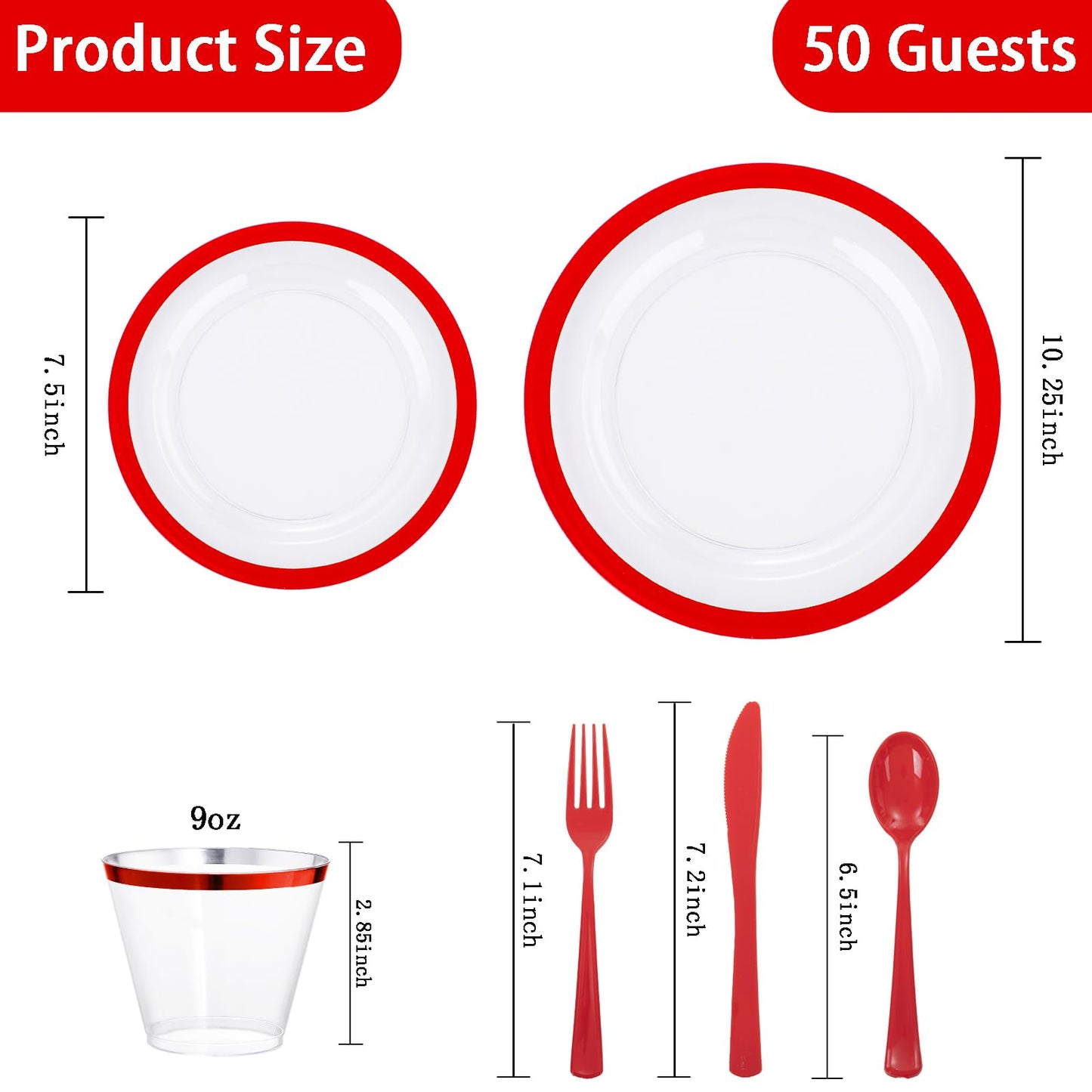 Liacere 350PCS Clear and Red Plastic Mothers Day Plates and Napkins for 50Guests Plastic Dinnerware Set:100 Red Disposable Plates 50 Pre Rolled Napkins with Cutlery,50 Cups for Mothers Day&Graduation