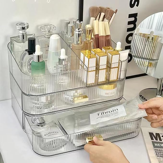 Makeup Organizer with Stackable Drawers, Bathroom Vanity Organizers and Storage, Ideal for Desk and Dresser Countertops, Great for Cosmetics, skincare, Lipsticks, Nail Care -Clear