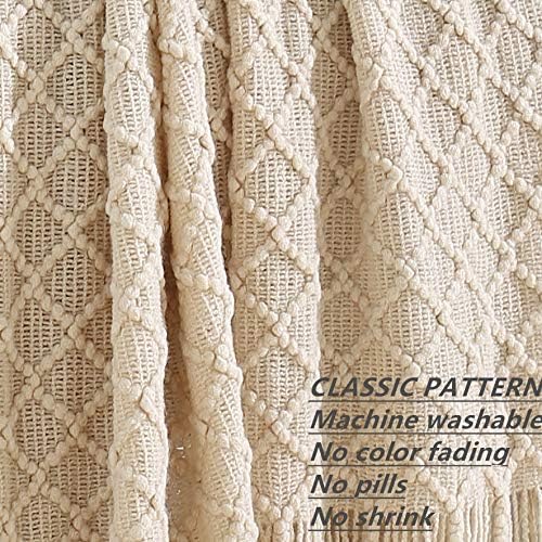 CREVENT Farmhouse Boho Knitted Throw Blanket for Couch Sofa Chair Bed Home Decoration, Soft Warm Cozy Light Weight for Spring Summer Fall (60''X80'' Beige)