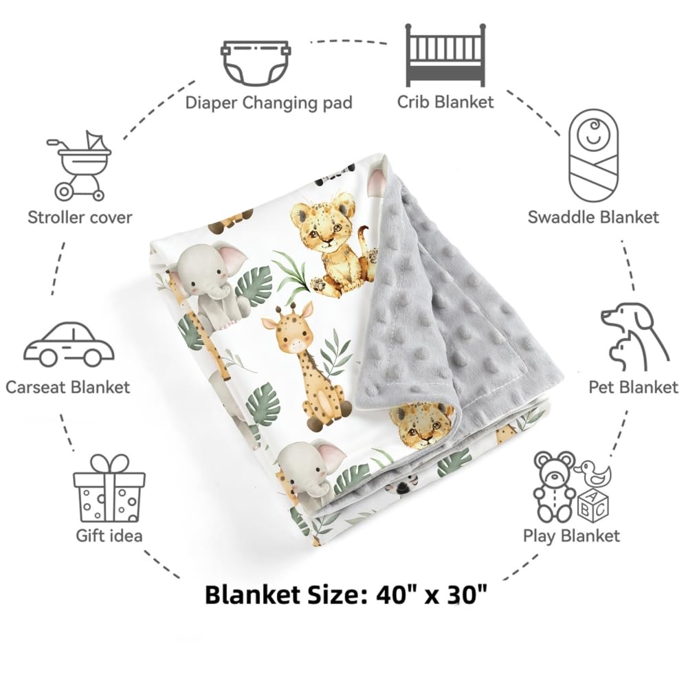 FIGEPO Safari Jungle Animals Baby Blanket Gender Neutral Blankets for Newborn Baby Girls or Boys Nursery Toddler Double Layer Blanket with Dotted Backing and Animal Printed (Animal 1)