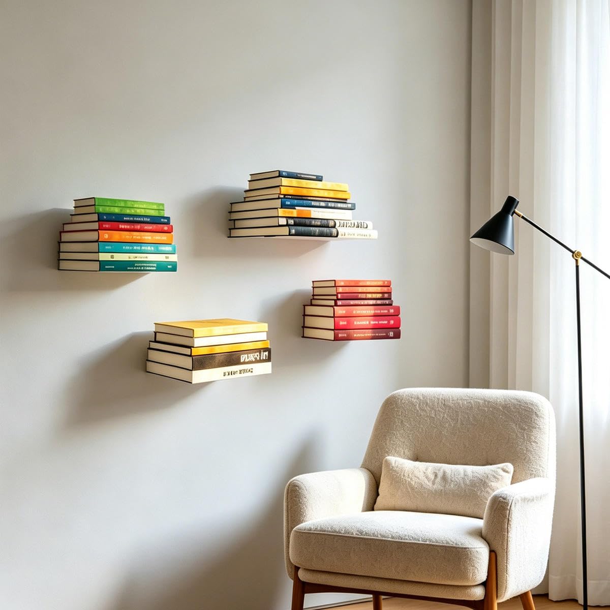 BUMOVE Invisible Floating Bookshelf - Modern Wall Mounted Metal Shelves for Office, Study Room, and Bedroom, Space-Saving Stylish Decor (4, Silver)
