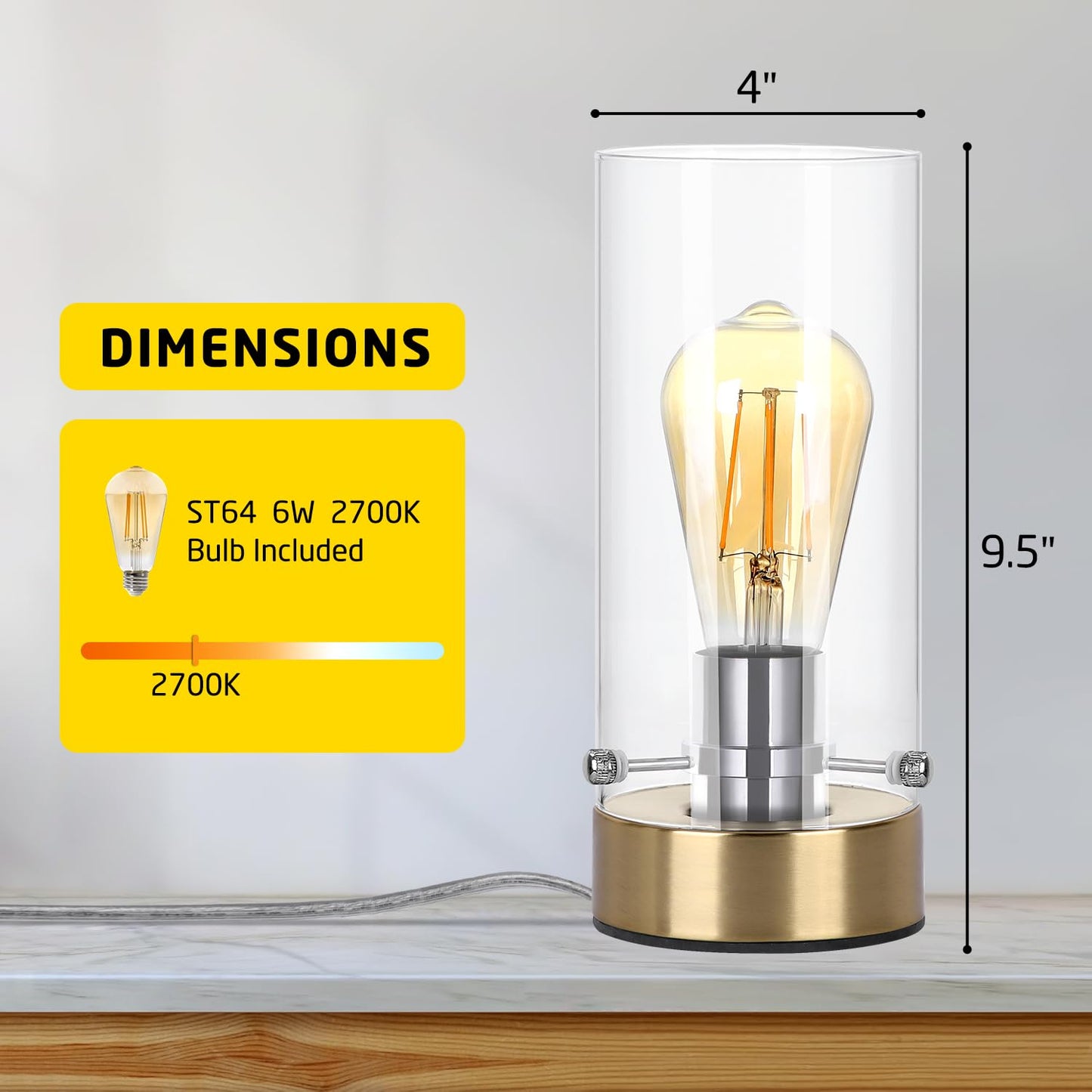 Kukobo Table Lamp for Bedroom Living Room, Bedside Modern Nightstand Lamp with Glass Lamp Shape, 2700K 6W Glass Bulb Included(Gold).