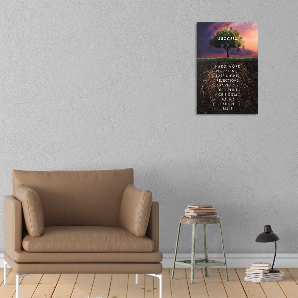 Success Tree Inspirational Quote Canvas Wall Art Motivational Motto Painting Inspiring Entrepreneur Posters Prints Artwork Decor Framed for Home Office Classroom Ready to Hang - 12" Wx18 H