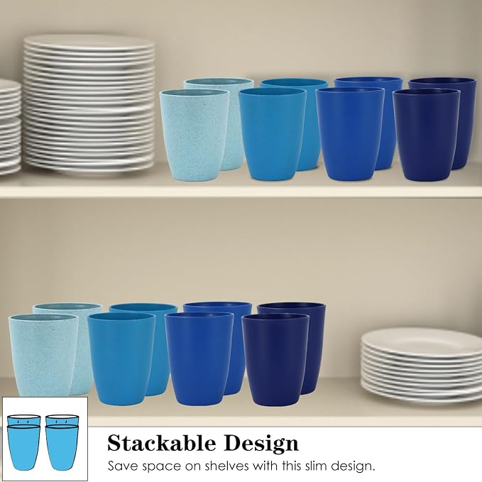 Wrova Wheat Straw Cups 8 PCS Good Alternative to Plastic Reusable Cups 12 oz Unbreakable Drinking Cup Reusable Dishwasher Safe Water Plastic Glasses - Ocean Series