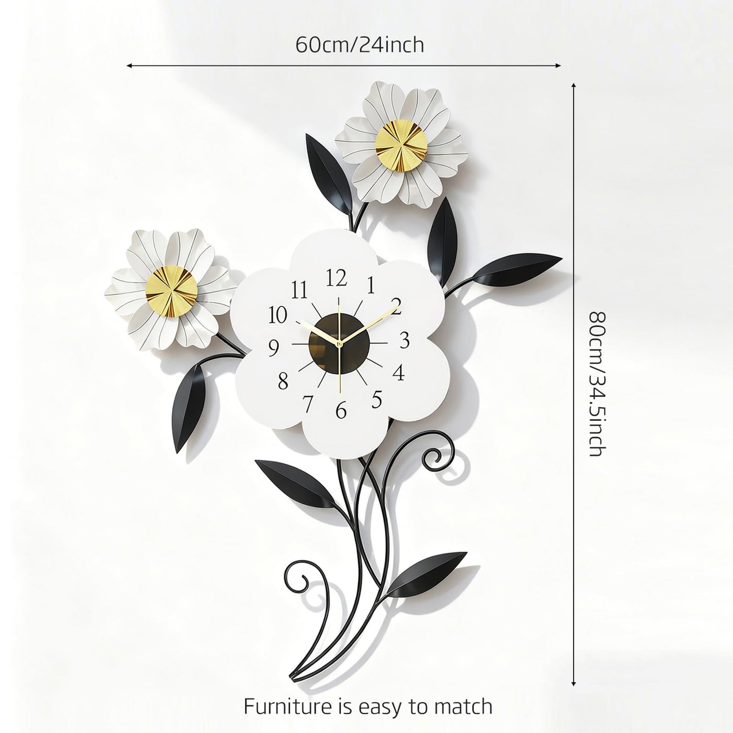 LIYUANSI Artistic Flower-Shaped Wall Clock, Modern Minimalist Metal Wall Decor for Living Room, Bedroom, Office, 24"x34.5" Elegant Petal Design, Silent Quartz Movement