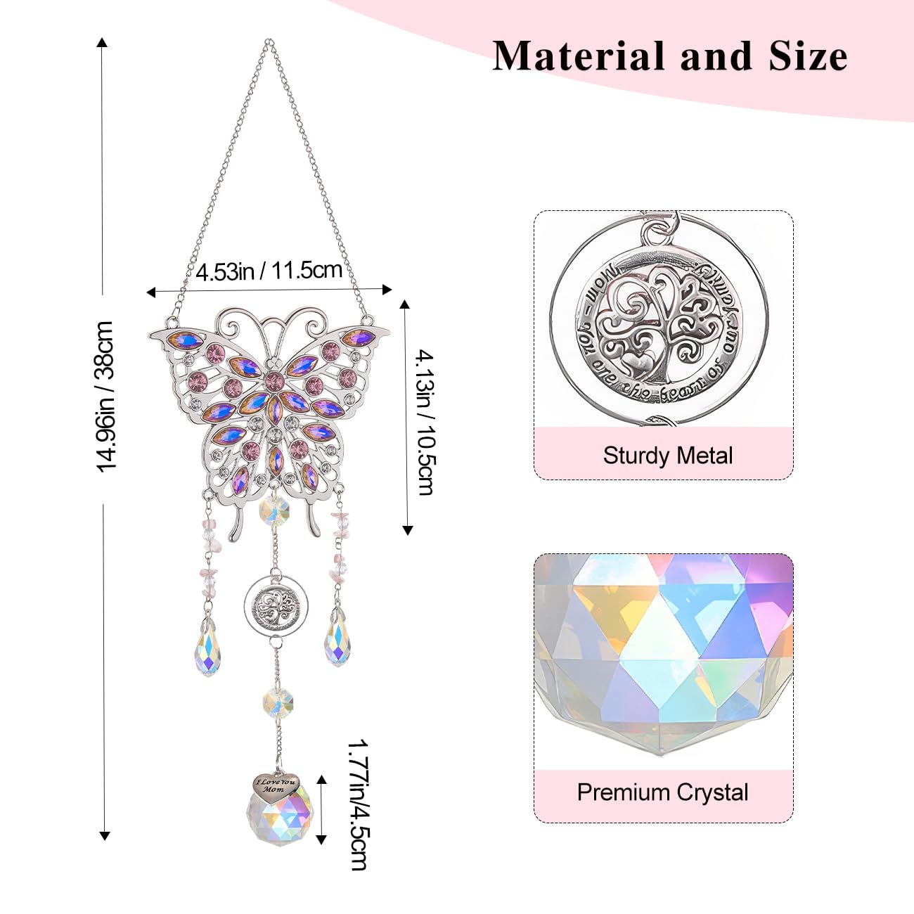 Emibele Mother's Day Crystal Suncatcher Gifts for Mom, Butterfly Suncatcher with Heart Charm I Love You Mom, Hanging Butterfly Home Window Decoration, Birthday Gifts for Women, Silver