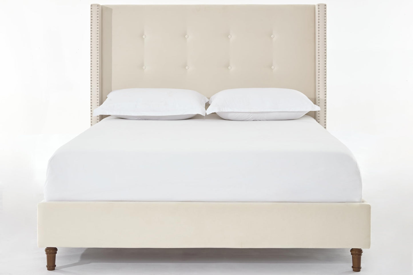 GDFStudio Tall Headboard Upholstered Bed,Queen Size Platform Bed Frame with Headboard Nailhead Trim Wingback,54" High No Box Spring Needed Easy Assembly Traditional Hand Buttoned Tufting Ivory Velvet