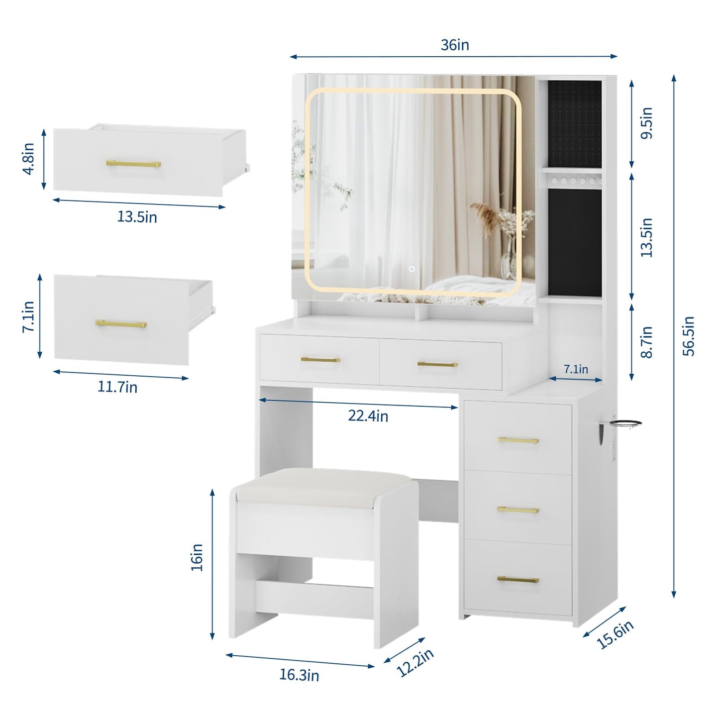 GarveeHome Makeup Vanity Set with Mirror and Lights, Vanity Desk with 5 Drawers, Stool & Power Outlet, 3-Color Lighting Modes with Adjustable Brightness for Bedroom Dressing Table, White