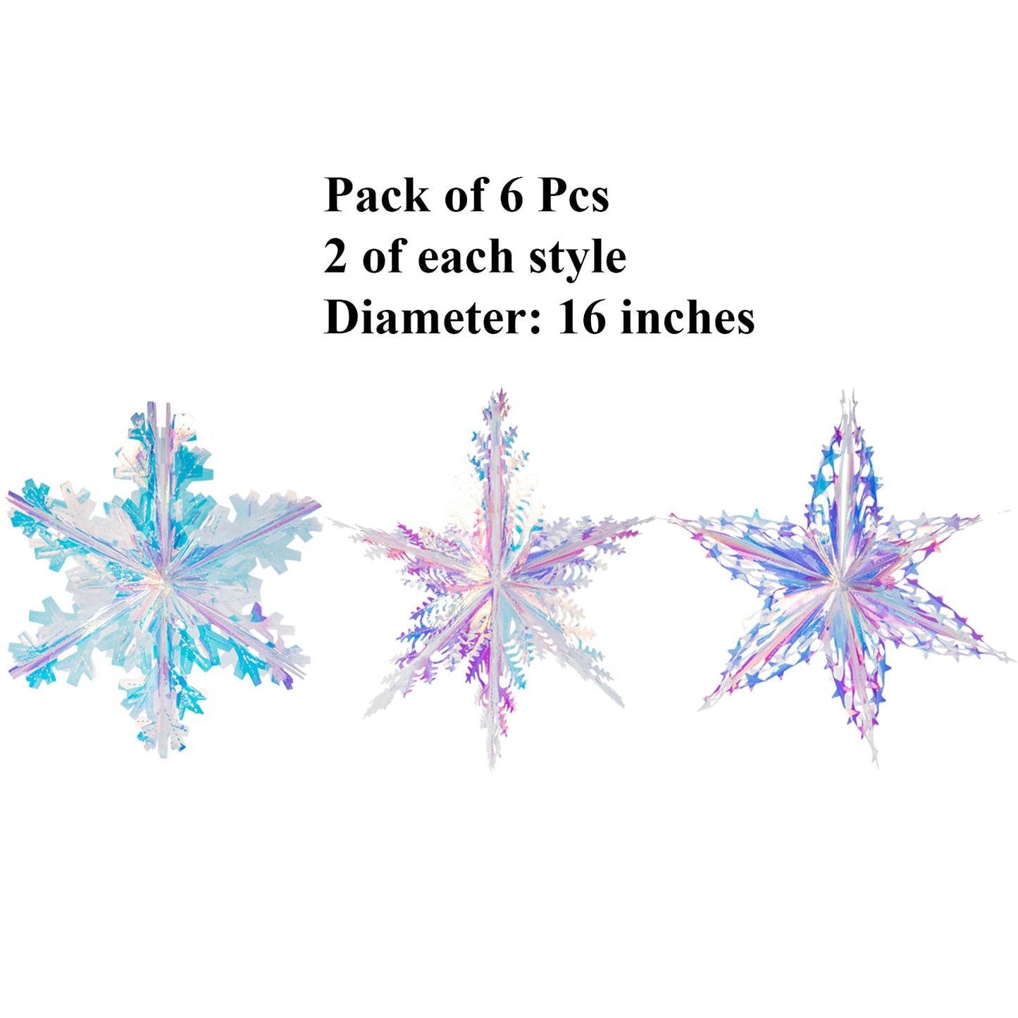 6pcs 16 Inch Iridescent Snowflake Ornament Hanging Decoration Clear Foil Decorative Lace Edge Snowflake Folding Rainbow Ornaments for Bridal Shower Wedding Birthday Frozen Christmas Theme Decoration