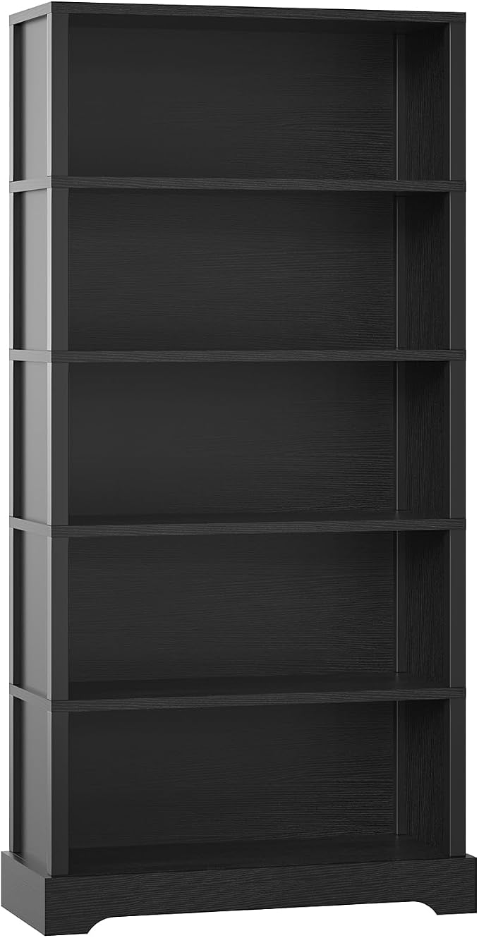 TVU 5-Tier Wooden Bookshelf, 65" Tall Farmhouse Style Open Bookcase, 31.5" W Standing Book Shelf with Storage, Suitable for Study, Living Room, Office, Blcak