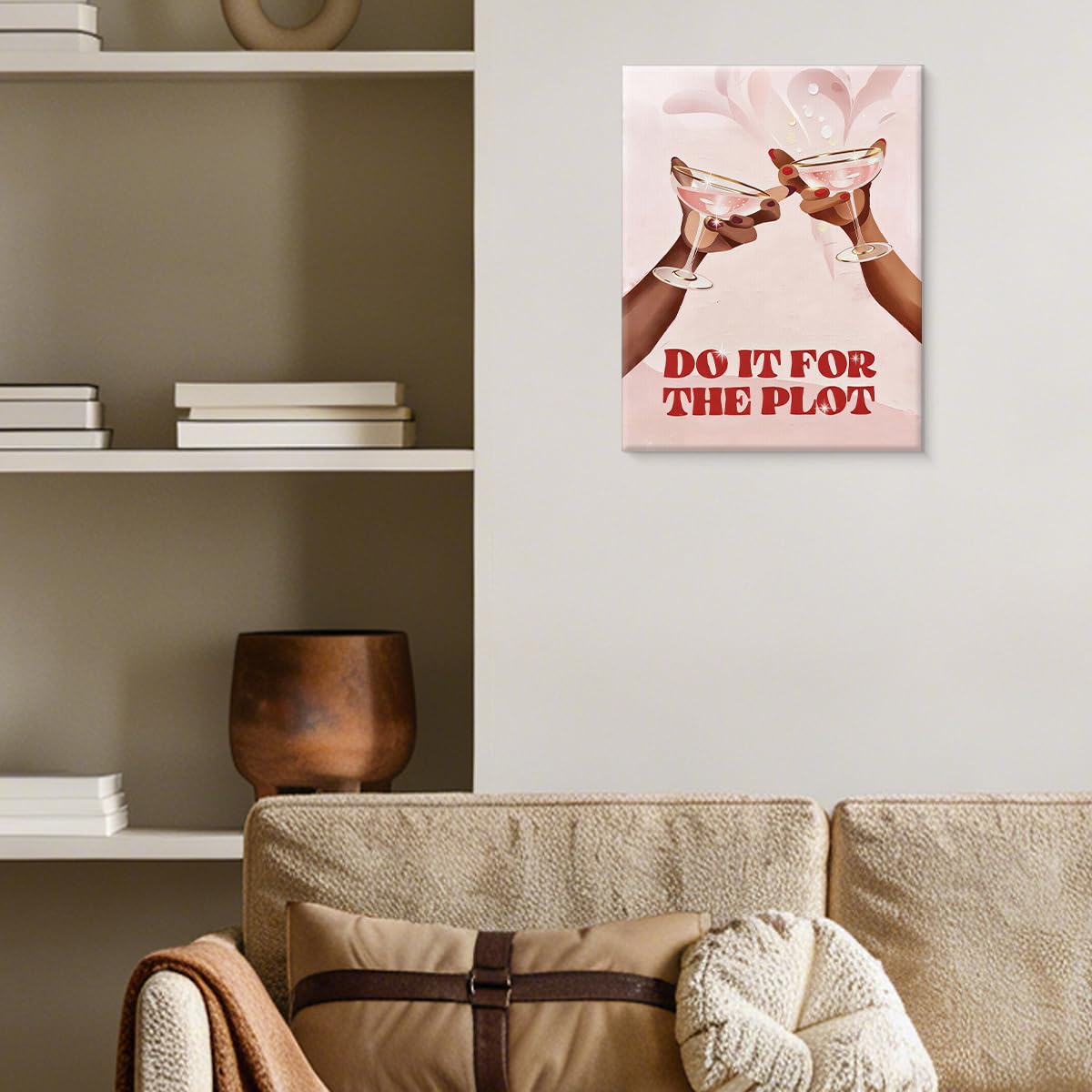 BIQRP Pink Cheers Bar Cart Wall Art - Cute Cocktail Bar Party Wall Decor - Do It for The Plot Artwork for Home Living Room Kitchen