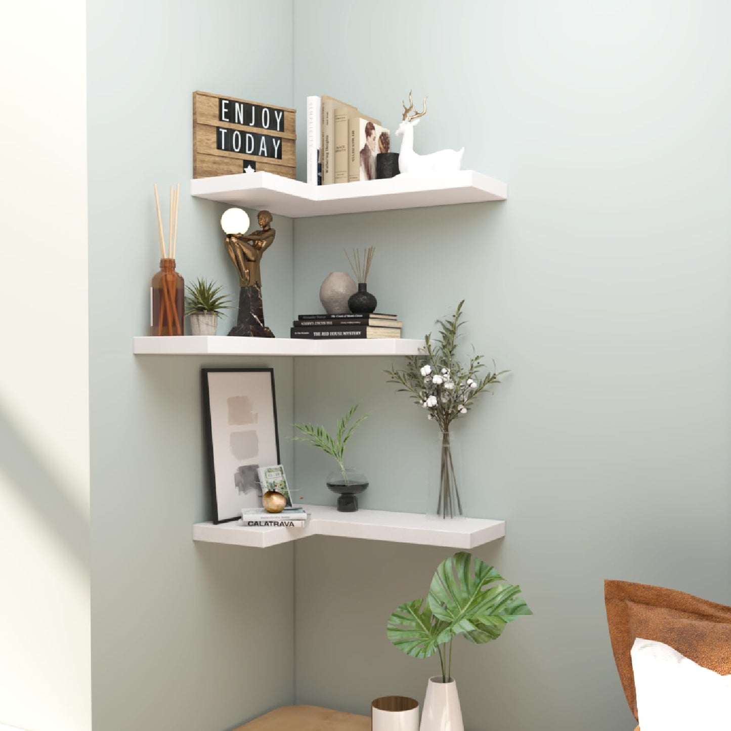 NATURE'S SOURCE Floating Corner Shelves with Invisible Brackets Set of 3, Corner Shelves Wall Mounted, for Home Bedroom Bathroom Kitchen Living Room Office- 16.1" x 11.5" (Pure White)