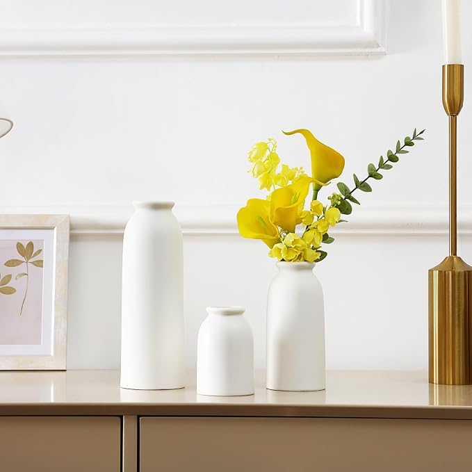 Ceramic Vases Set of 3, Small White Flower Decorative Vase for Pampas Grass & Dried Flowers, Rustic Vase for Table Bookshelf, Living Room