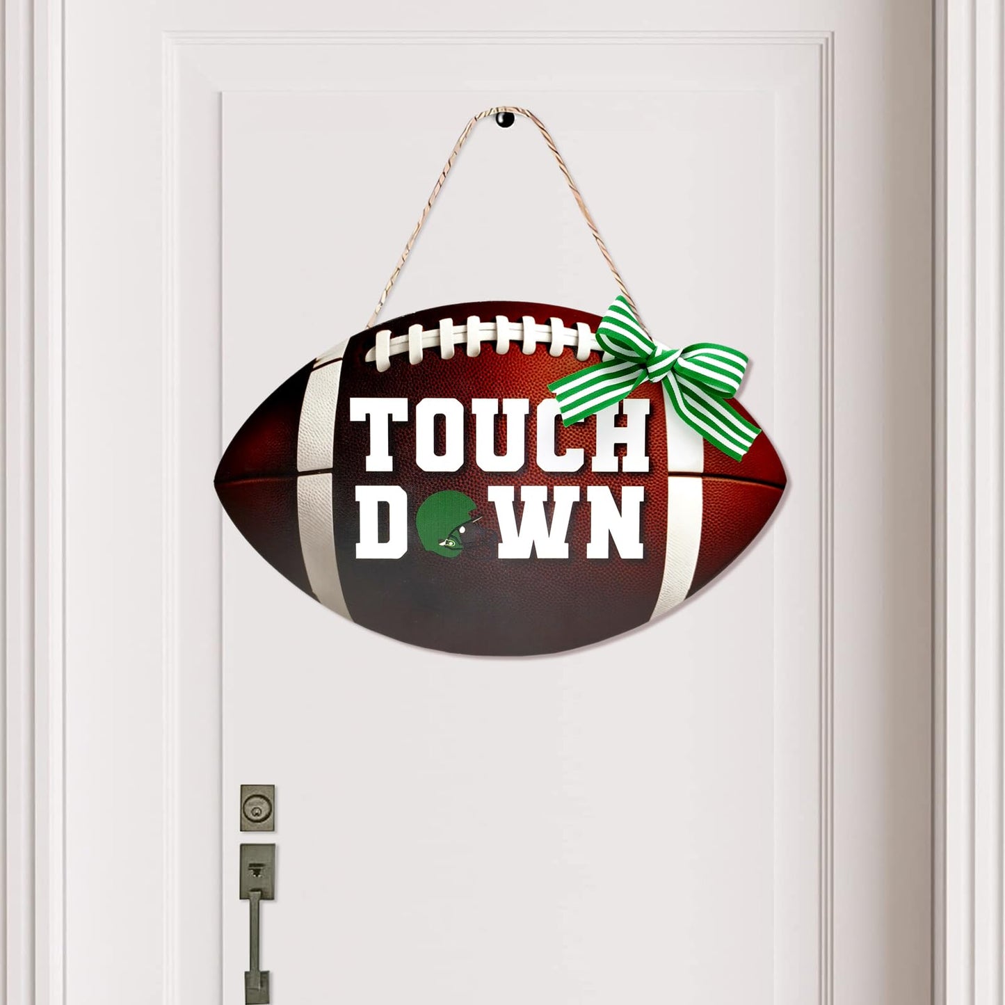 Football Touch Down Sign for Front Door Football Wooden Hanging Sign with Burlap Bow Football Season Wall Decor Farmhouse Football Rustic Wooden Wreath for Home Decorations