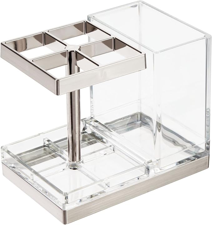 mDesign Plastic Toothbrush and Toothpaste Storage Organizer Holder - Home Decor for Bathroom Countertop - Holds Toiletries and Beauty Accessories - Lumiere Collection - Clear/Brushed