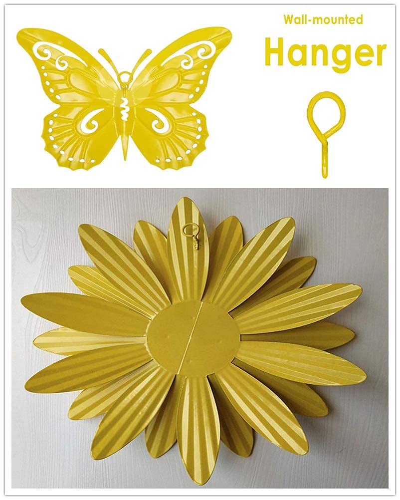 Meduofon Metal Flowers Wall Decor and Butterfly Wall Art, 3 Pack Metal Outdoor Wall Art Decor, Fence Art Wall Sculptures for Indoor Outside Garden Patio Decorations (Yellow&Green)