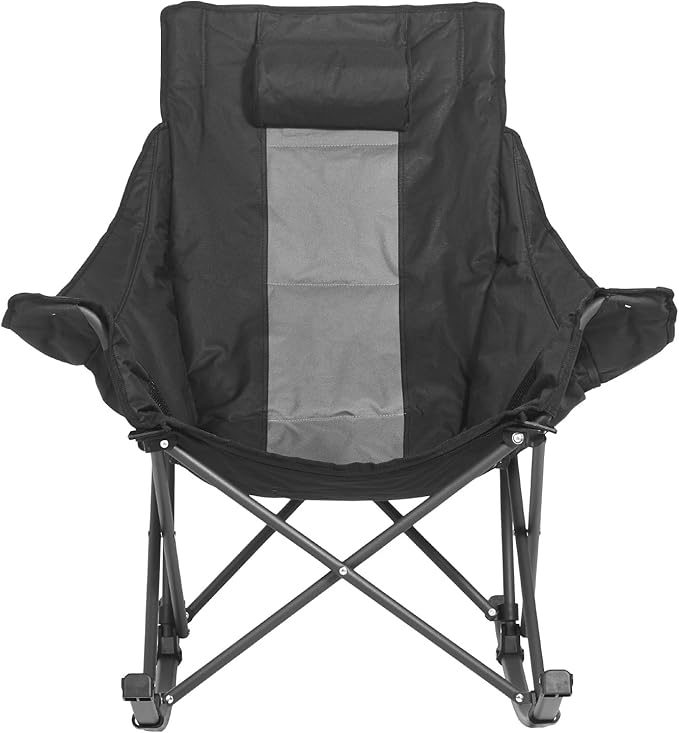 VEVOR Rocking Camping Chair, Portable Folding Rocker, Heavy-Duty Lawn Chair Recliner with Cupholder & Pocket, Supports 225lbs, Fully Padded Camp Chairs for Outdoor Patio Backyard Porch Garden