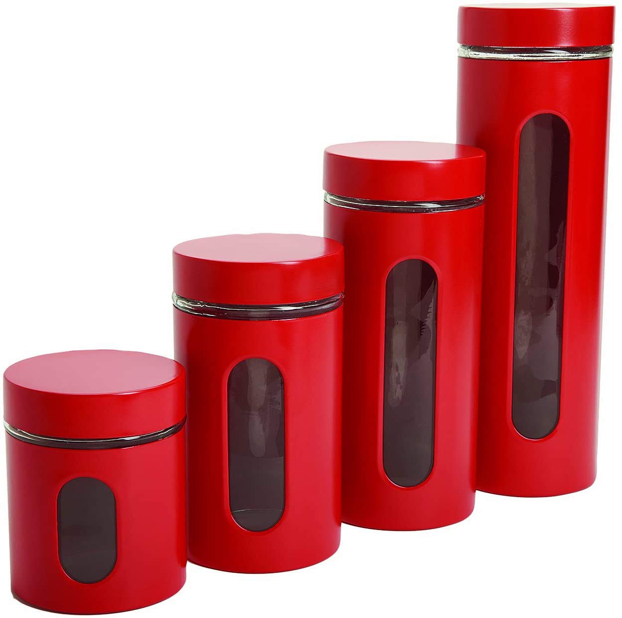 Quality Modern Red Stainless Steel Canister Set for Kitchen Counter with Glass Window & Airtight Lid - Food Storage Containers with Lids Airtight - Pantry Storage and Organization Set