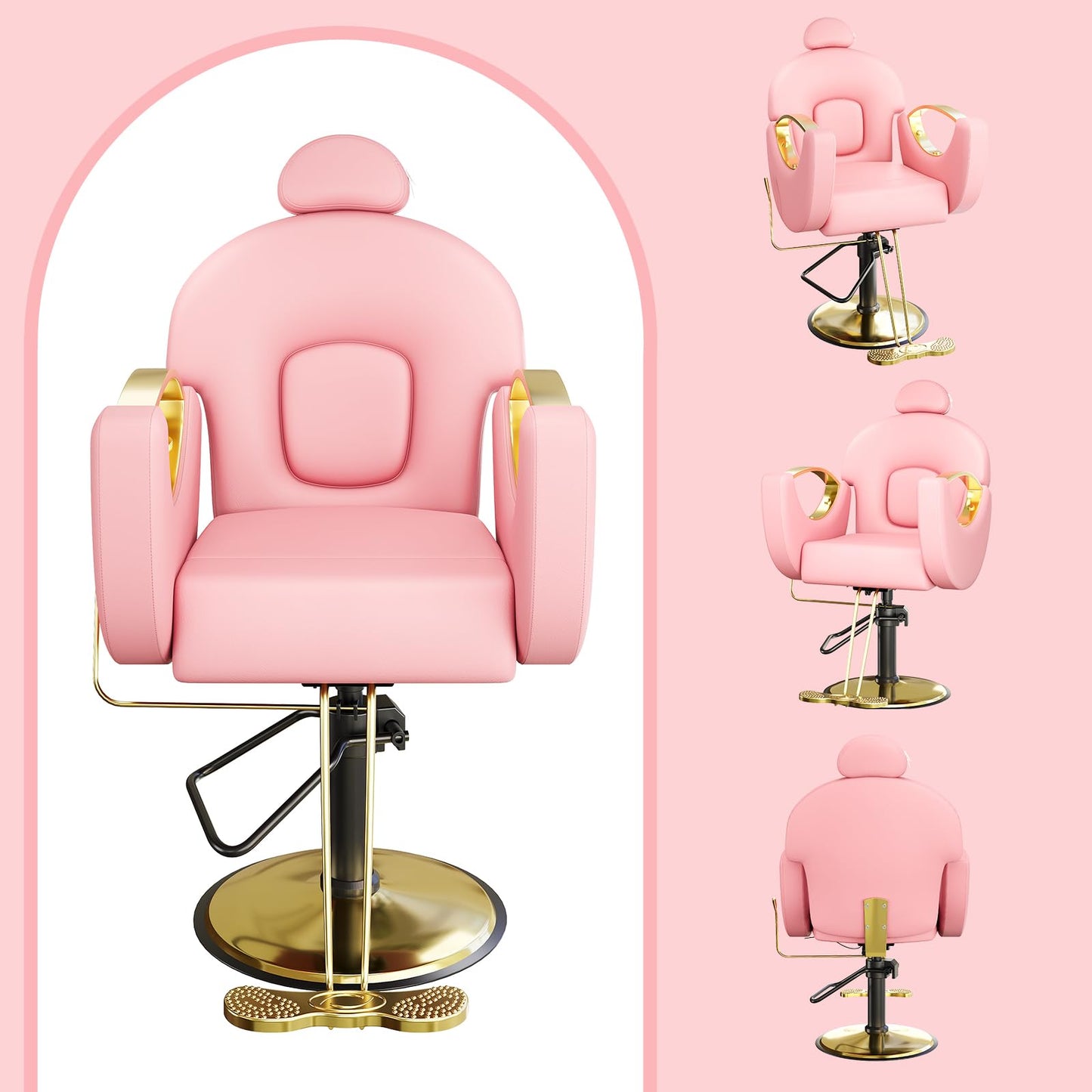MegaChoice Barber Chair, Reclining Salon Chair, 360° Rotation, Multi-Functional Height Adjustable Hydraulic Chair for Salon, Barbershop, Spa, Pink