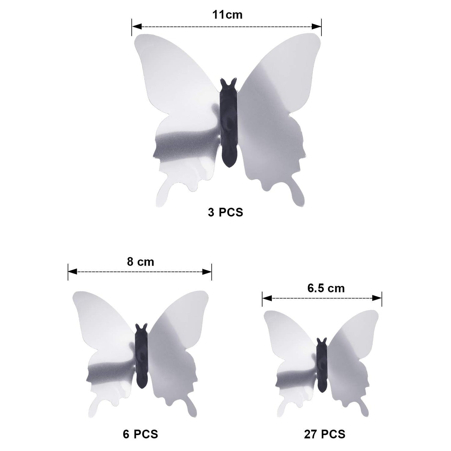BBTO 48 Pieces Butterfly Wall Decor DIY 3D Mirror Butterfly Stickers Removable Decals Crafts for Birthday Party Bedroom School Bathroom Living Room Decor(Sliver)