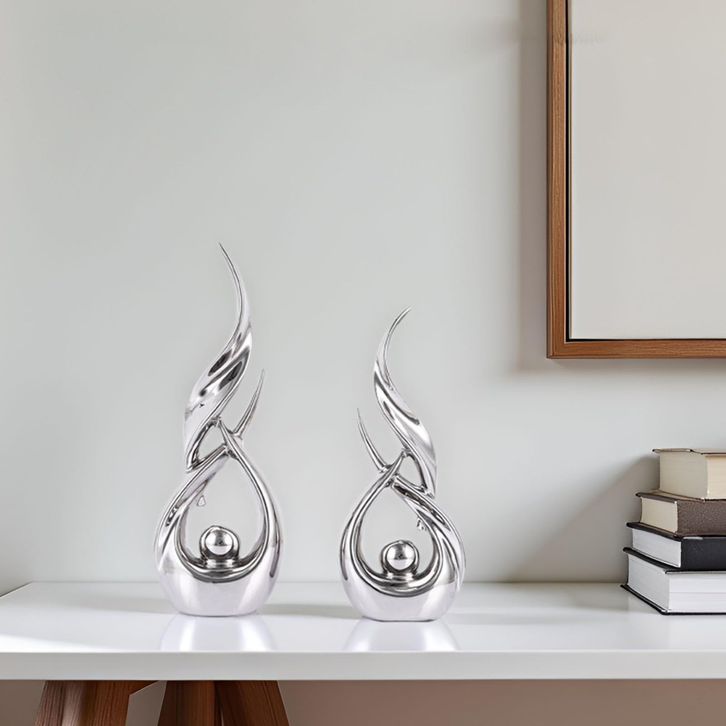 XMGZQ Gold Ceramic Abstract 2 Piece Statue Set,Mid Century Modern Abstract Art Home Decor Statue Mantelpiece on Unique Shelf Decor, TV Cabinet Divider Table top and Dining Table Centerpiece (Silver)