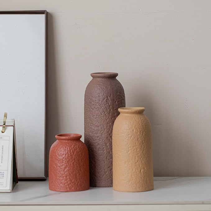 Large Decorative Ceramic Vase Set, 3 Pieces, Matte Taupe Orange Coral Beige, 10.4 Inch Tall, Nordic Modern Boho Style, Orange Peel Glaze Finish, Farmhouse Home Decor