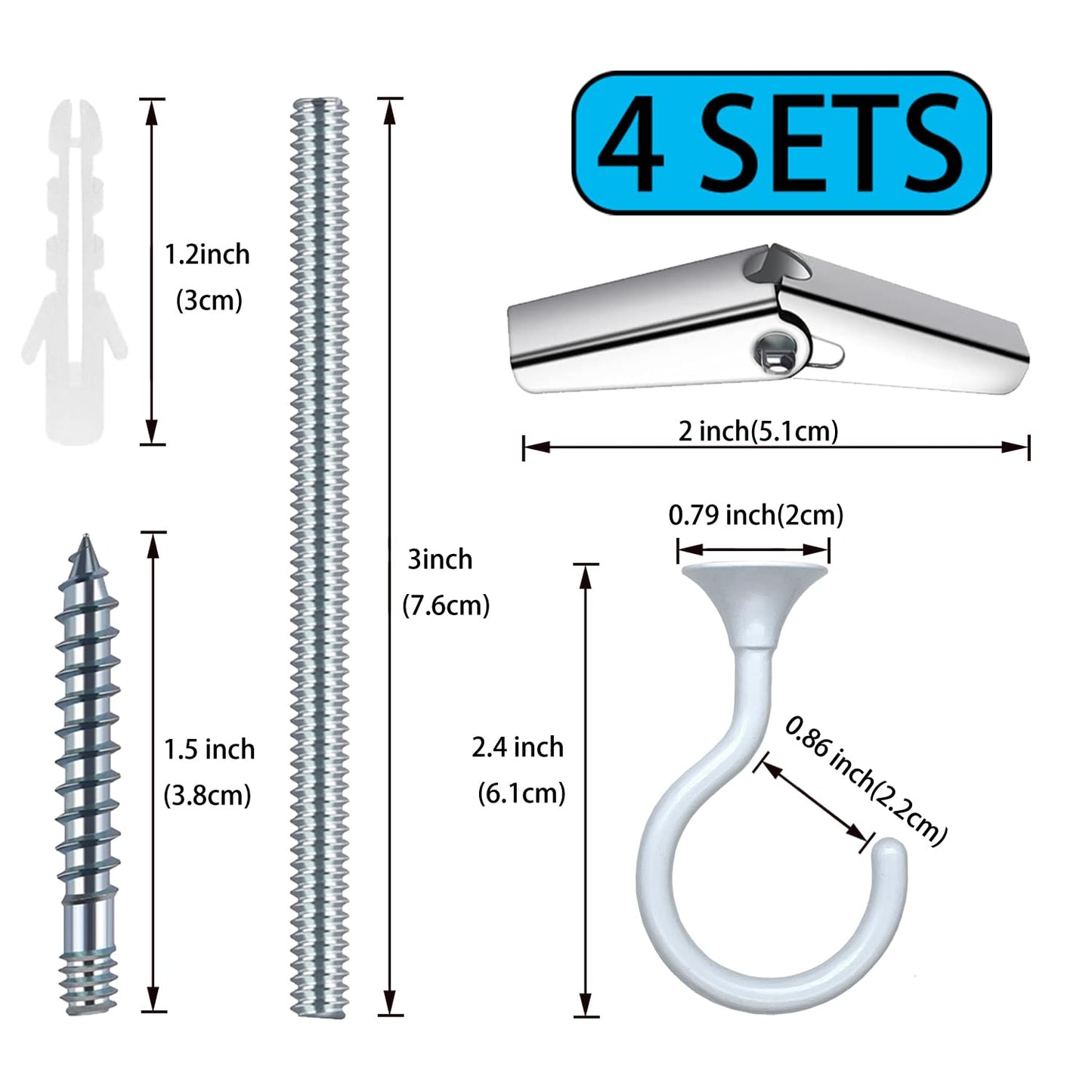 Evsteluo 4 Sets Heavy Duty Swag Ceiling Hooks with Hardware for Hanging Plants, Cavity Wall Fixing, Easy Installation, Holds Up to 30lbs, Ideal for Home & Garden (4 Sets, White)