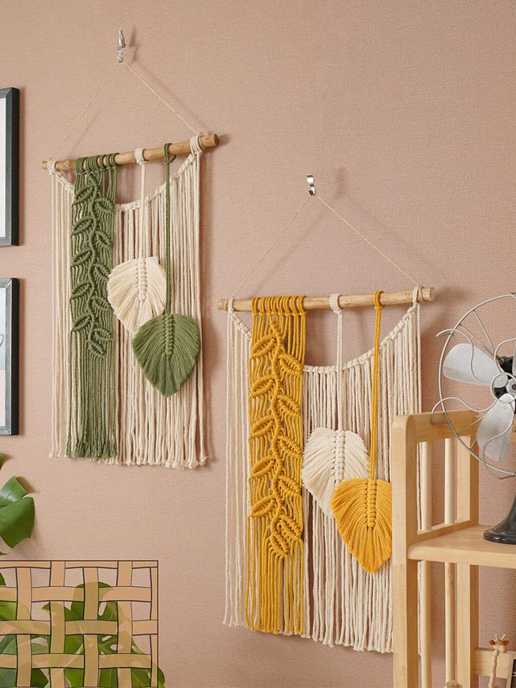 TITA-DONG Macrame Wall Hanging, Boho Woven Leaf Tassels, Modern Art for Bedroom Living Room Decor, Green Yellow(Green)