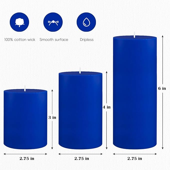 Set of 3 Different Size Blue Colored Pillar Candles, Unscented Dripless 2.75x3, 2.75x4, 2.75x6 Inch Long Lasting Burning Assorted Heights Cylinder Wax Candles for Home Table Hurricane Power Outage