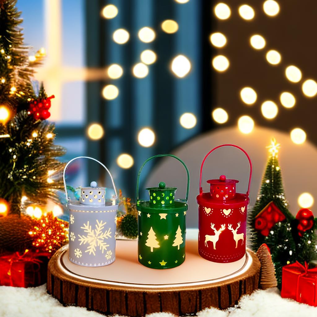YBB 3 Pack Christmas Decorative Lantern Lights, Flameless Battery Operated Hanging Metal LED Candles Lanterns for Christmas Centerpiece Table Indoor Outdoor Party Decoration