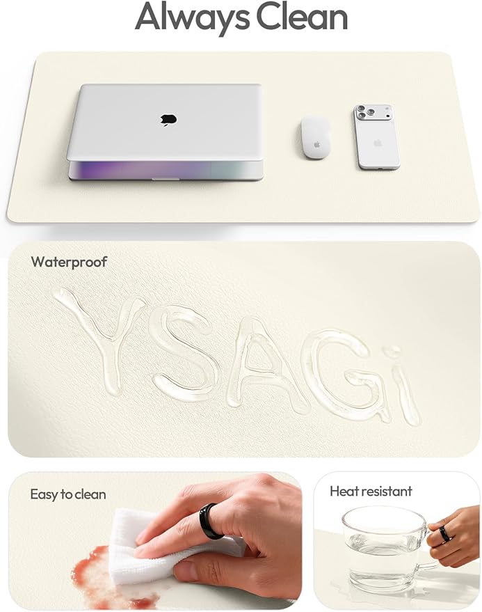 YSAGi Leather Desk Protector, Office Mat, Large Mouse Mat, Non-Slip PU Leather Blotter, Laptop Desk, Waterproof Writing Pad for Office and Home (Cream, 35.4" x 17")