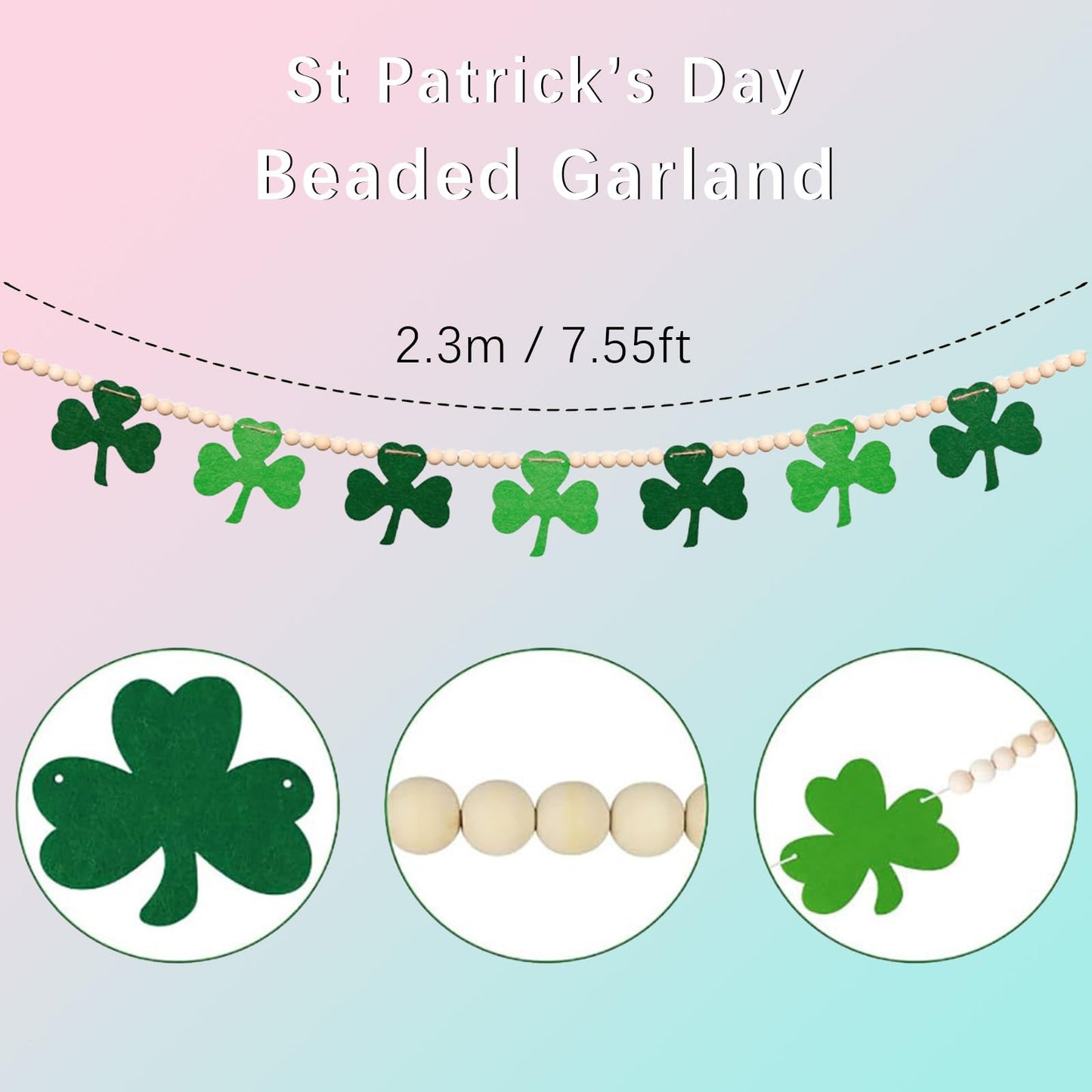 7.5 FT Beaded St Patricks Day Garland, Felt Shamrock Banner and Wooden Beads | Rustic Farmhouse Clover St Patricks Day Decorations for Home Bar Party, Shelf Display, Fireplace, Wall Decor