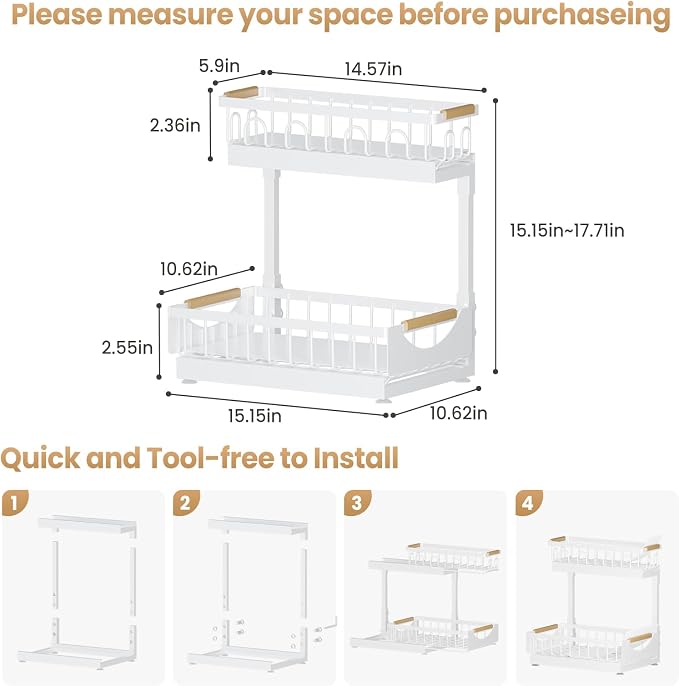 Under Sink Organizer and Storage for Bathroom and Kitchen - 2 Pack 2 Tier Under Cabinet Pull Out Shelf Organizers - Slide Out Drawer Organization for Home Cabinets Shelves and Drawers