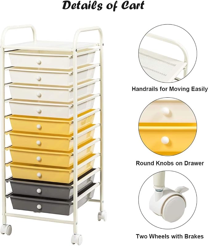 Giantex 10 Drawer Rolling Storage Cart Scrapbook Paper Office School Organizer (Beige+Yellow+Grey)
